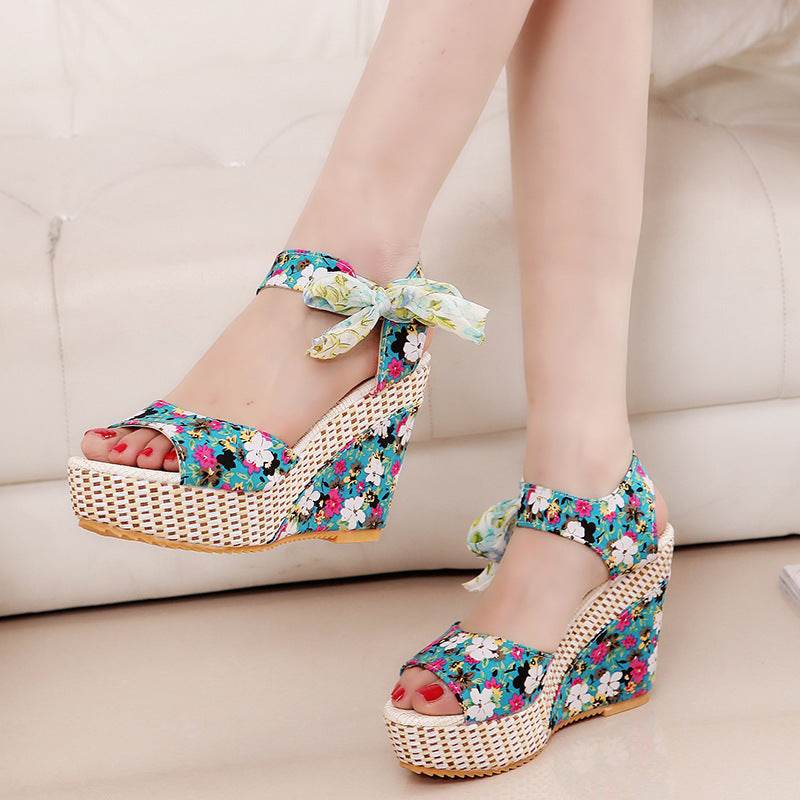 Floral Bowknot Design Wedge Sandals - Mubimart
