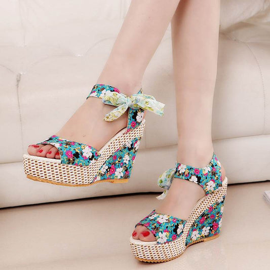 Floral Bowknot Design Wedge Sandals - Mubimart