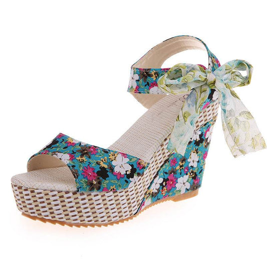 Floral Bowknot Design Wedge Sandals - Mubimart