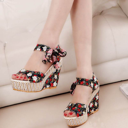 Floral Bowknot Design Wedge Sandals - Mubimart
