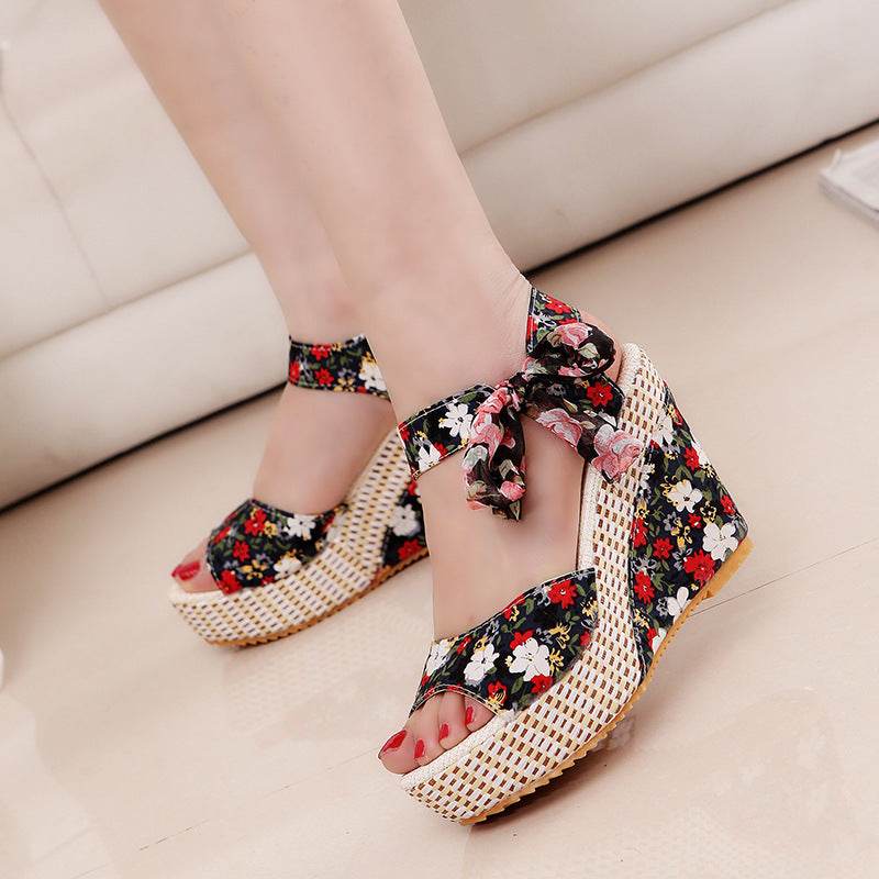 Floral Bowknot Design Wedge Sandals - Mubimart
