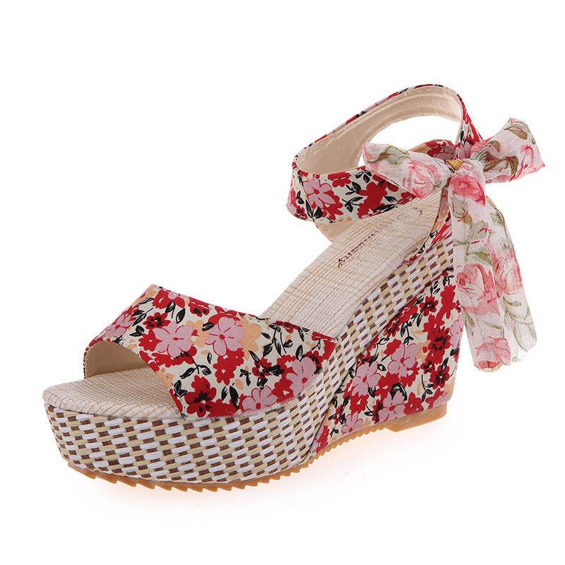 Floral Bowknot Design Wedge Sandals - Mubimart