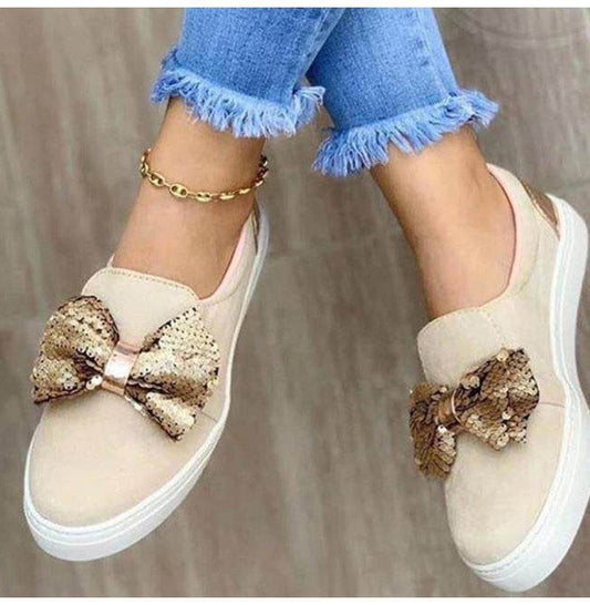 Thick-soled Sponge Cake One-foot Loafers Women Wish Large Size Sequin Bow Single Shoes Women - Mubimart