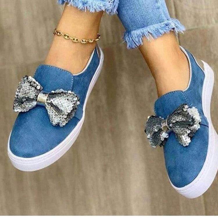 Thick-soled Sponge Cake One-foot Loafers Women Wish Large Size Sequin Bow Single Shoes Women - Mubimart