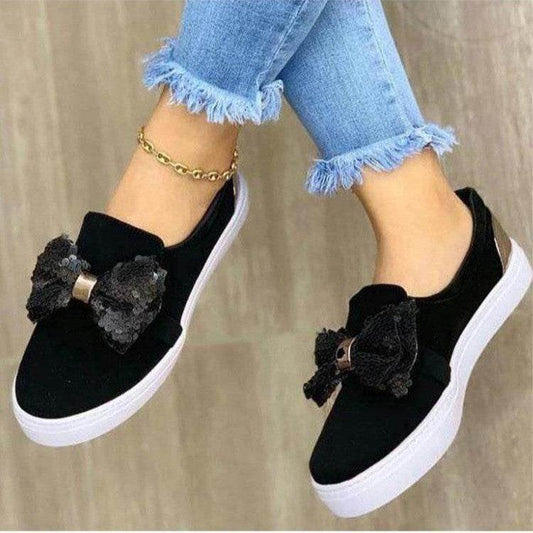 Thick-soled Sponge Cake One-foot Loafers Women Wish Large Size Sequin Bow Single Shoes Women - Mubimart