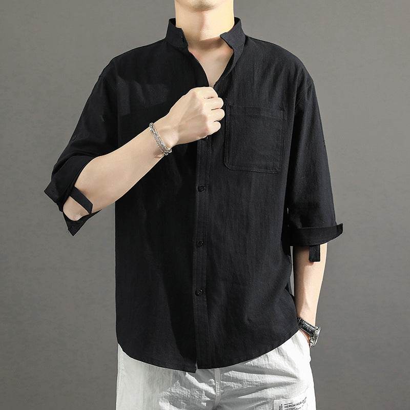 Linen Shirt Men's Casual Loose Stand Collar Cotton And Linen Shirt - Mubimart