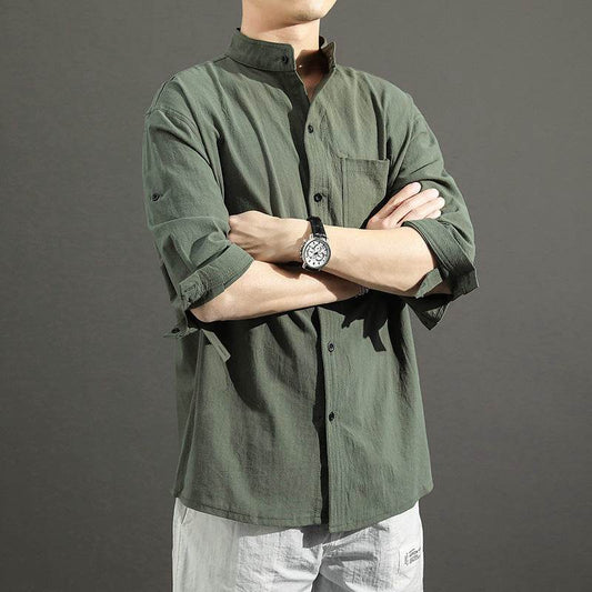 Linen Shirt Men's Casual Loose Stand Collar Cotton And Linen Shirt - Mubimart