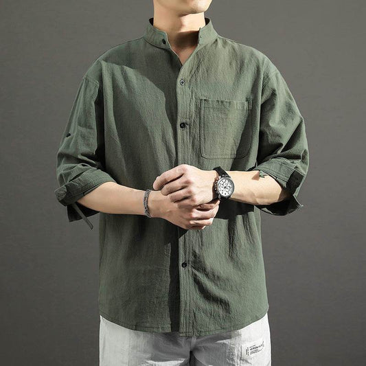 Linen Shirt Men's Casual Loose Stand Collar Cotton And Linen Shirt - Mubimart