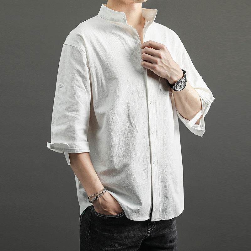 Linen Shirt Men's Casual Loose Stand Collar Cotton And Linen Shirt - Mubimart