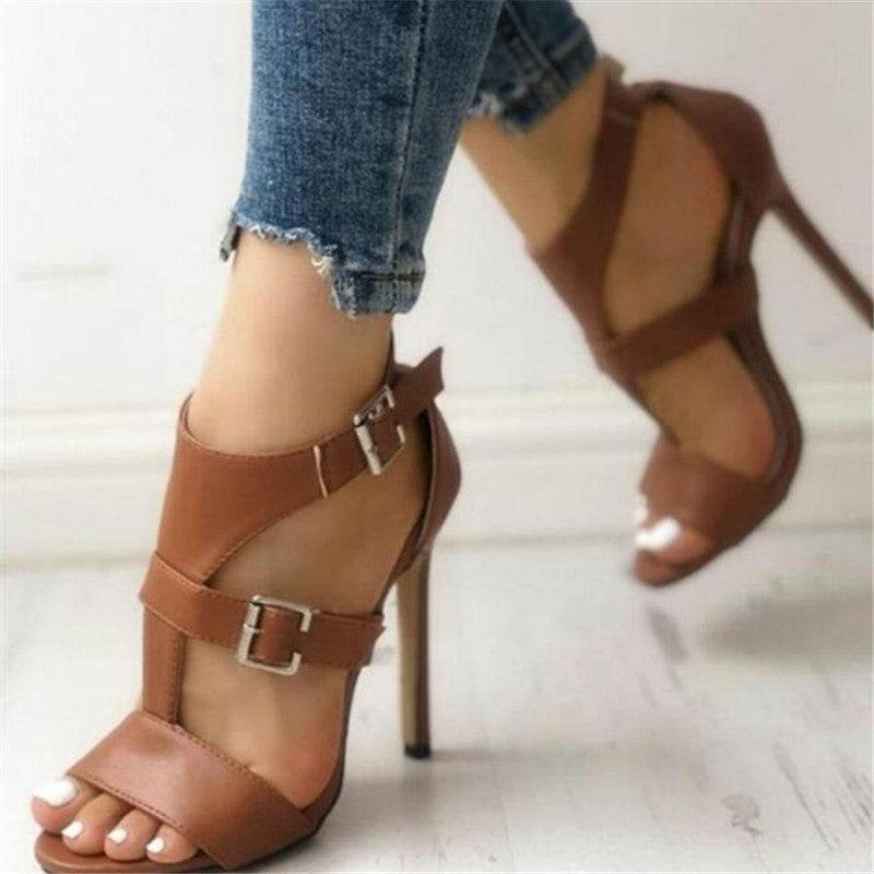 Summer Gladiator Stilettos Leather Peep Toe Ankle Buckle Strap - Mubimart