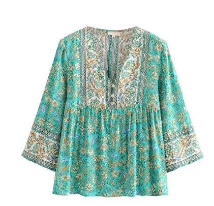 Jastie Summer Gypsy Vintage Style Button Up Blouse V Neck Casual Flutter Sleeve Women Small Top Boho Daisy Print Blouses Blusa - Mubimart