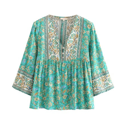 Jastie Summer Gypsy Vintage Style Button Up Blouse V Neck Casual Flutter Sleeve Women Small Top Boho Daisy Print Blouses Blusa - Mubimart - Blouses 