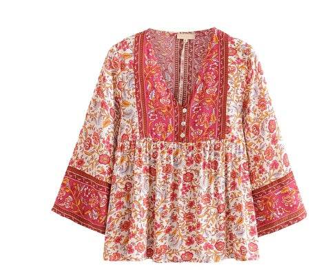 Jastie Summer Gypsy Vintage Style Button Up Blouse V Neck Casual Flutter Sleeve Women Small Top Boho Daisy Print Blouses Blusa - Mubimart