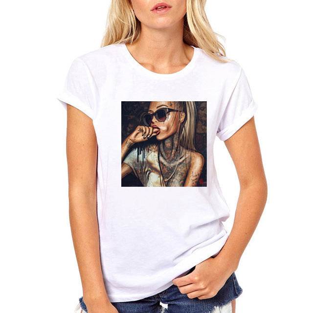 FIXSYS Women T Shirt Print Tee Shirt O-Neck Tops Tees Summe - Mubimart
