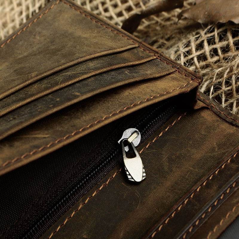 Men'S Wallet Retro Crazy Horse Leather Long Vertical Wallet - Mubimart
