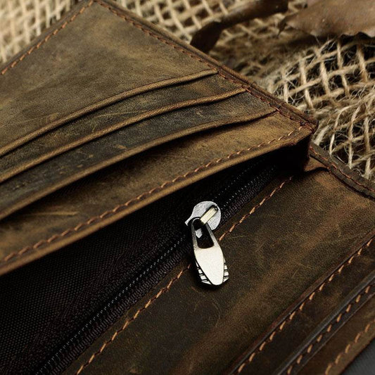 Men'S Wallet Retro Crazy Horse Leather Long Vertical Wallet - Mubimart