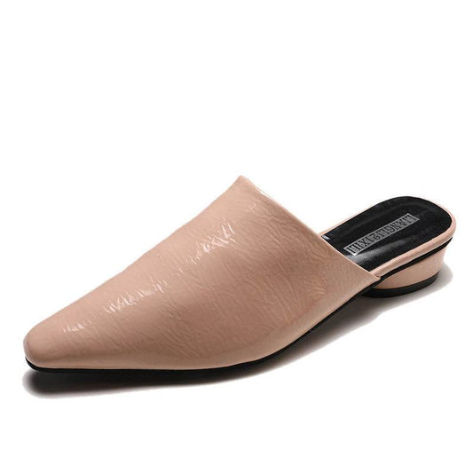 Womens Flats Shoes Mules Slides Pu Leather Slides Low Heels Pointed Toe Slippers - Mubimart