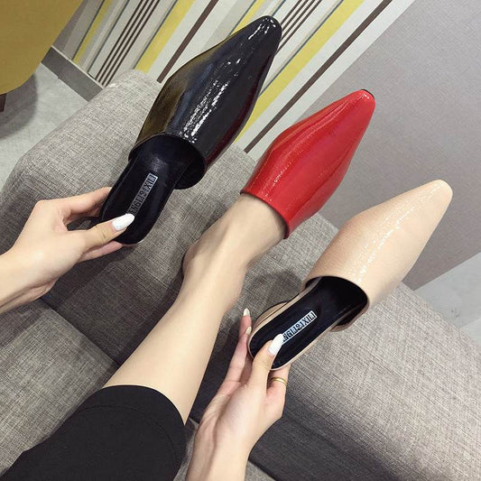Womens Flats Shoes Mules Slides Pu Leather Slides Low Heels Pointed Toe Slippers - Mubimart