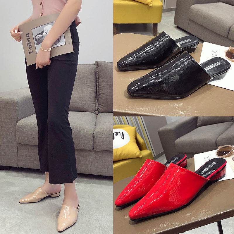 Womens Flats Shoes Mules Slides Pu Leather Slides Low Heels Pointed Toe Slippers - Mubimart