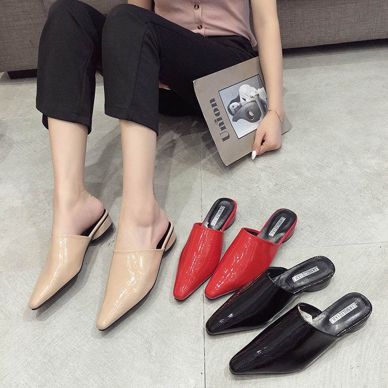 Womens Flats Shoes Mules Slides Pu Leather Slides Low Heels Pointed Toe Slippers - Mubimart