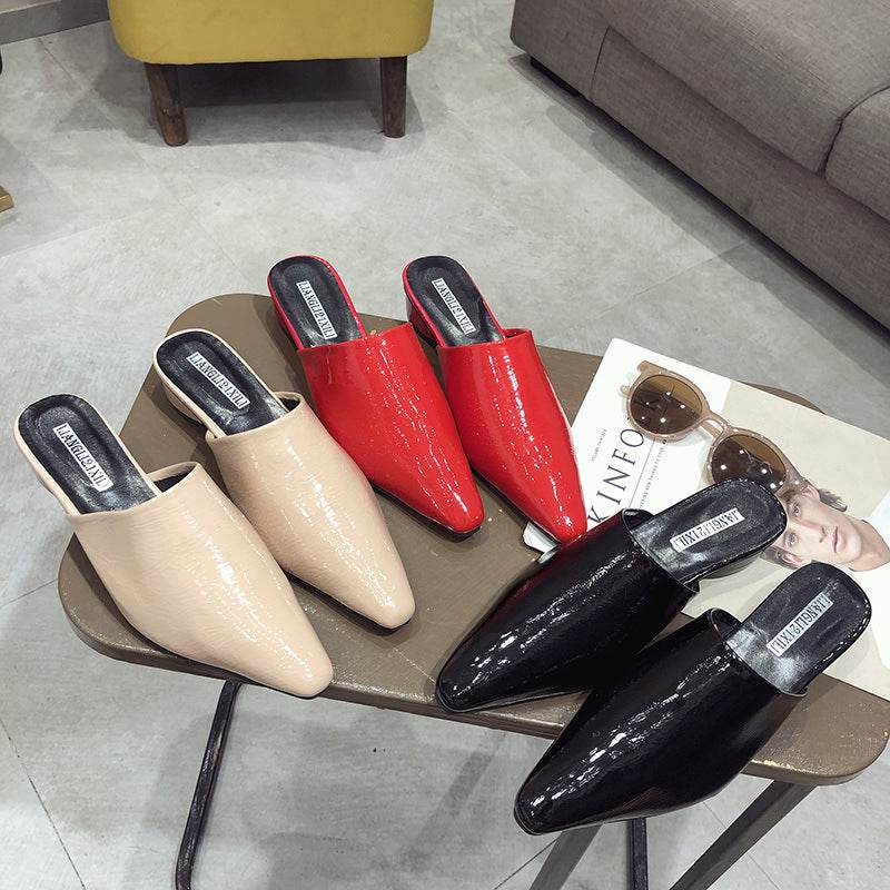 Womens Flats Shoes Mules Slides Pu Leather Slides Low Heels Pointed Toe Slippers - Mubimart