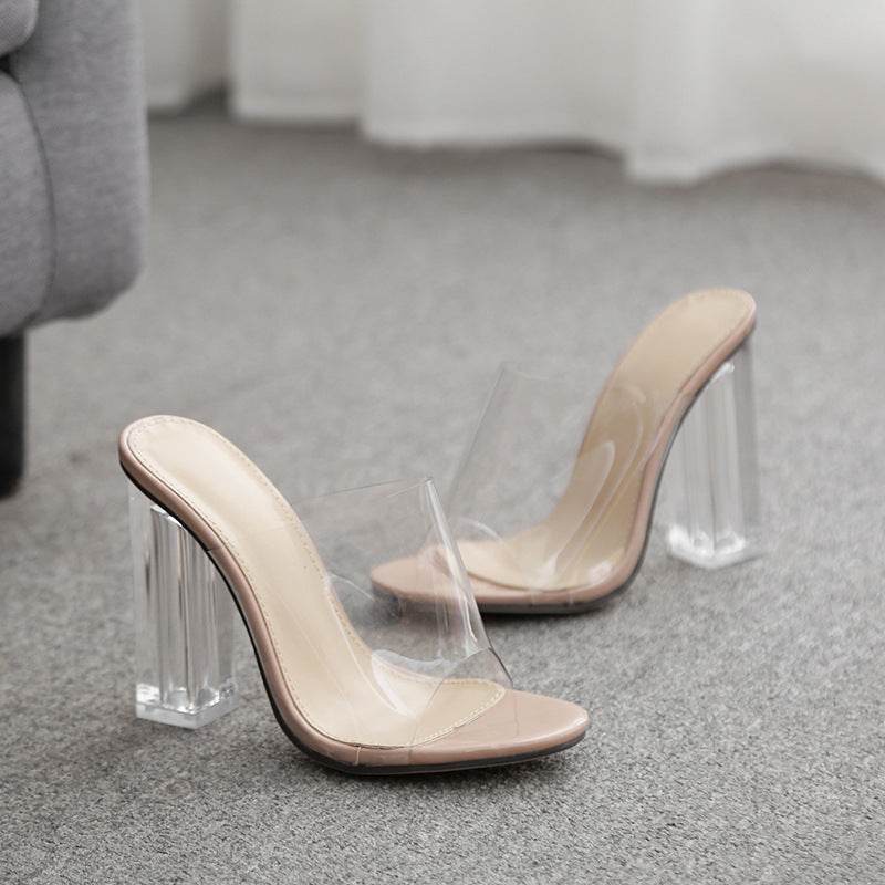 Womens Clear Transparent Crystal Peep Toe Pumps Slingback Shoes High Heel Sexy Sandals - Mubimart