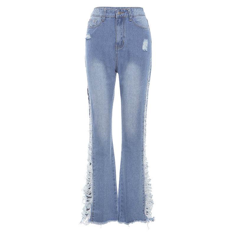 Fashion Ripped Casual Pants Bag Hip Contrast Frosted Bootcut Jeans - Mubimart