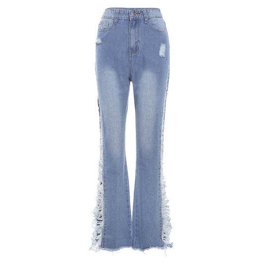 Fashion Ripped Casual Pants Bag Hip Contrast Frosted Bootcut Jeans - Mubimart