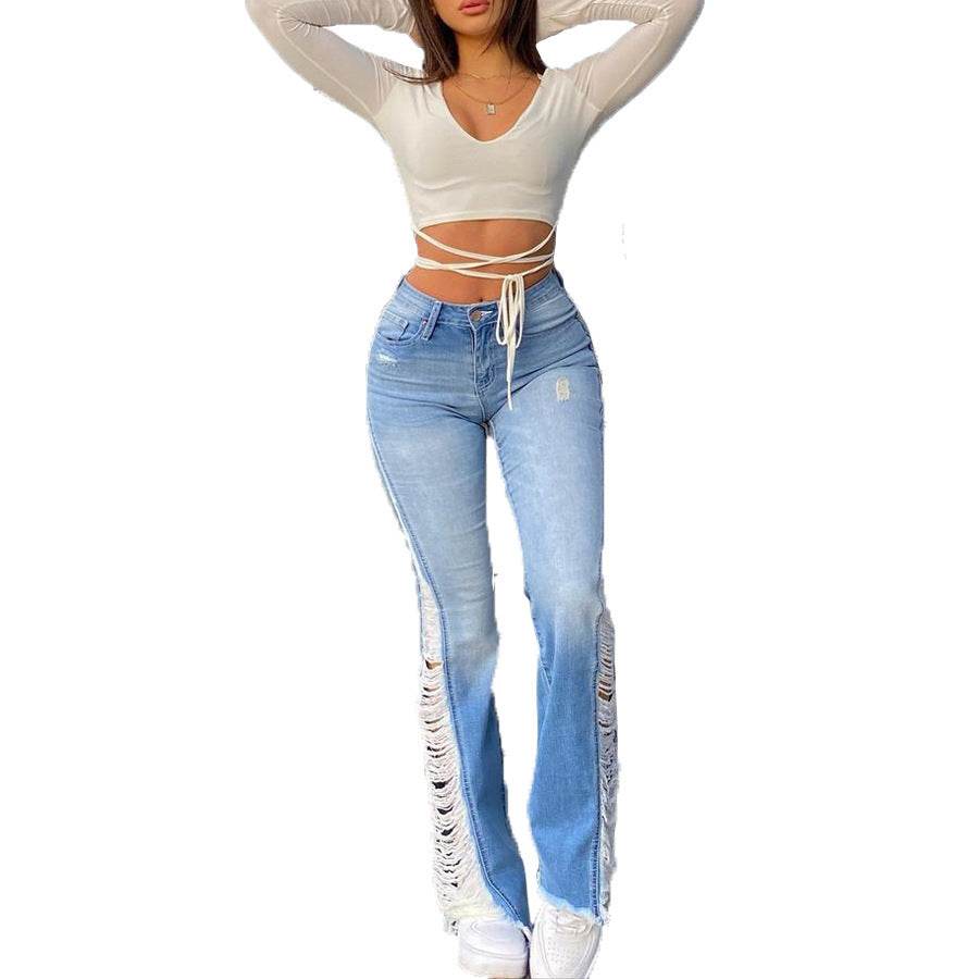 Fashion Ripped Casual Pants Bag Hip Contrast Frosted Bootcut Jeans - Mubimart