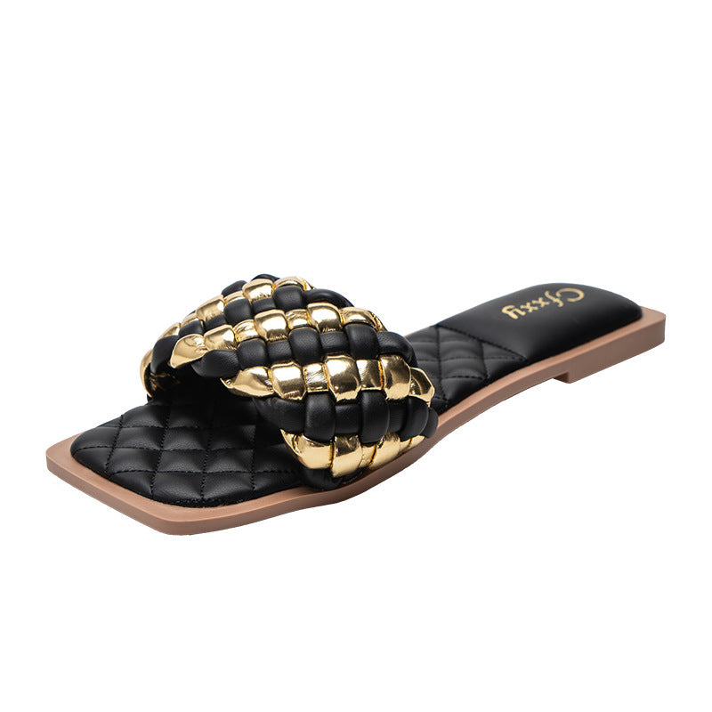 Weibliche Slides Hausschuhe Flache Ferse Sandalen Phnom Penh Woven Hausschuhe Weibliche