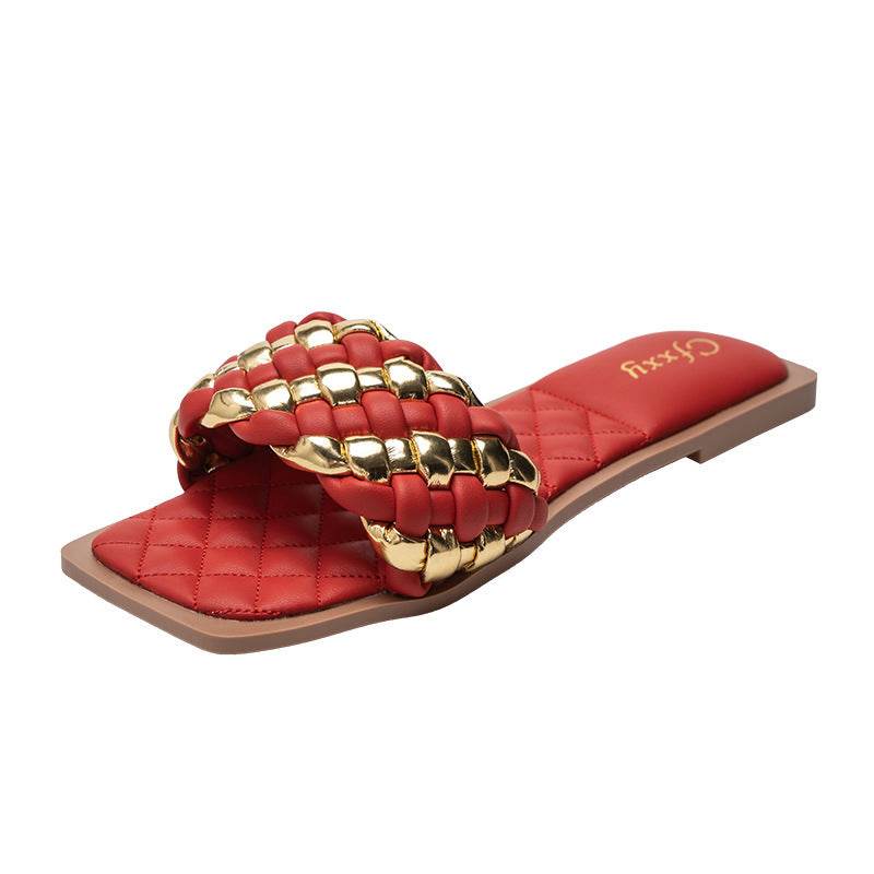 Female Slides Slippers Flat Heel Sandals Phnom Penh Woven Slippers Female - Mubimart