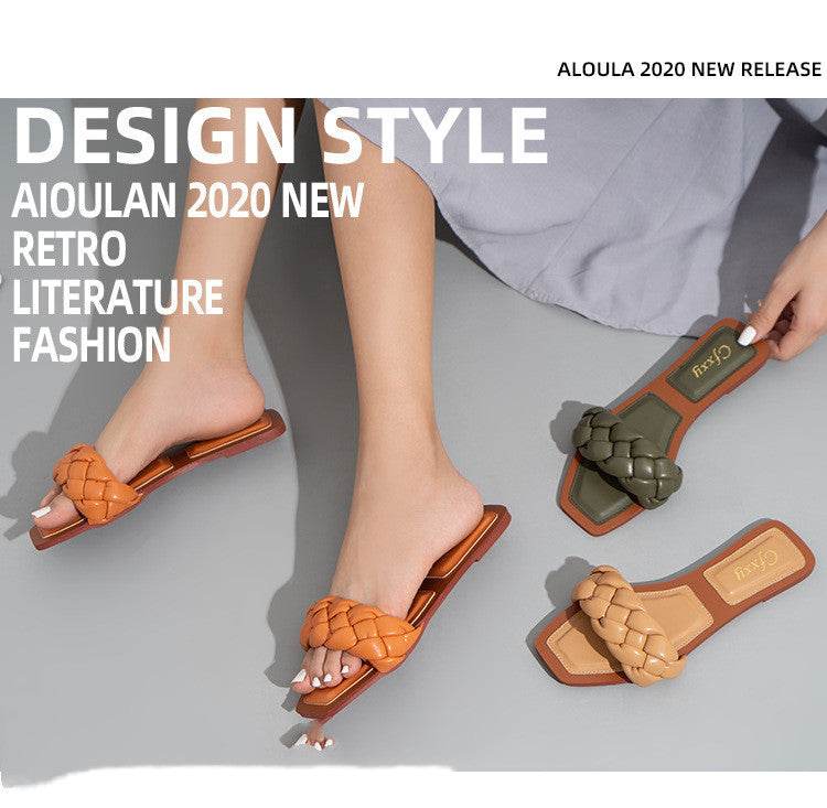 Female Slides Slippers Flat Heel Sandals Phnom Penh Woven Slippers Female - Mubimart