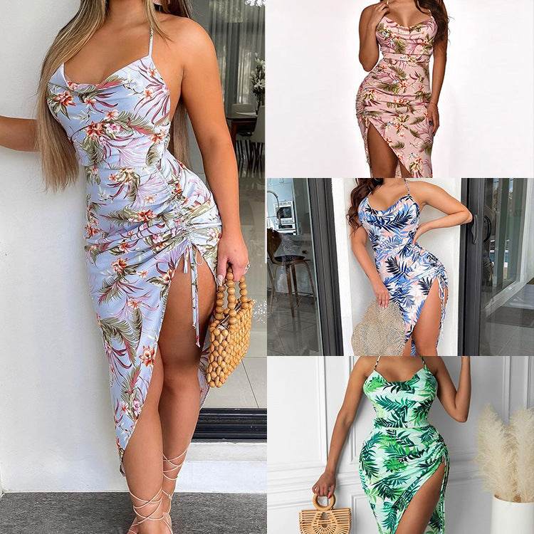 Cryptographic Floral Print Draped Sexy Backless Midi Dresses Club Party Summer Holiday Drawstring Ruched Women's Dress Vestido - Mubimart