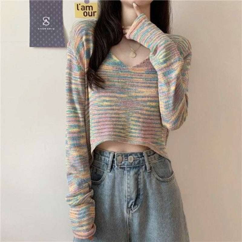 Women Fashion V Neck Tie-dyed Long Sleeve Crop Top - Mubimart -  