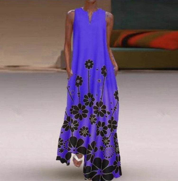 Women's New Printed Long Sleeveless Casual Plus Size Dress - Mubimart