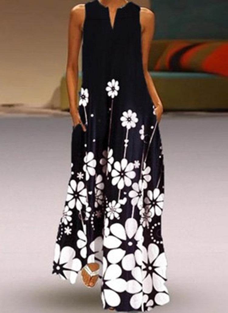 Women's New Printed Long Sleeveless Casual Plus Size Dress - Mubimart