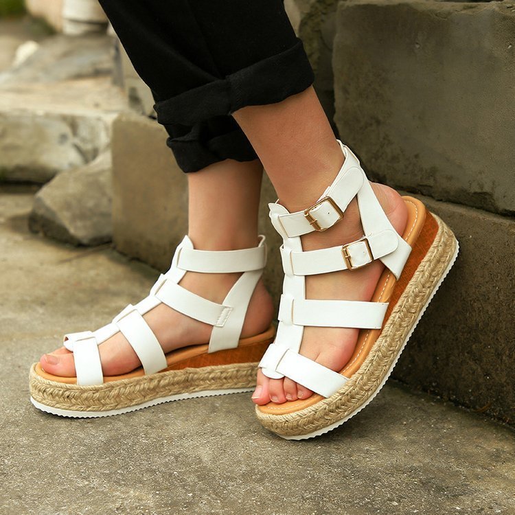 Damen Sandalen Schuhe Keilabsatz Espadrille Knöchelriemen T-Riemen Flatform Gladiator