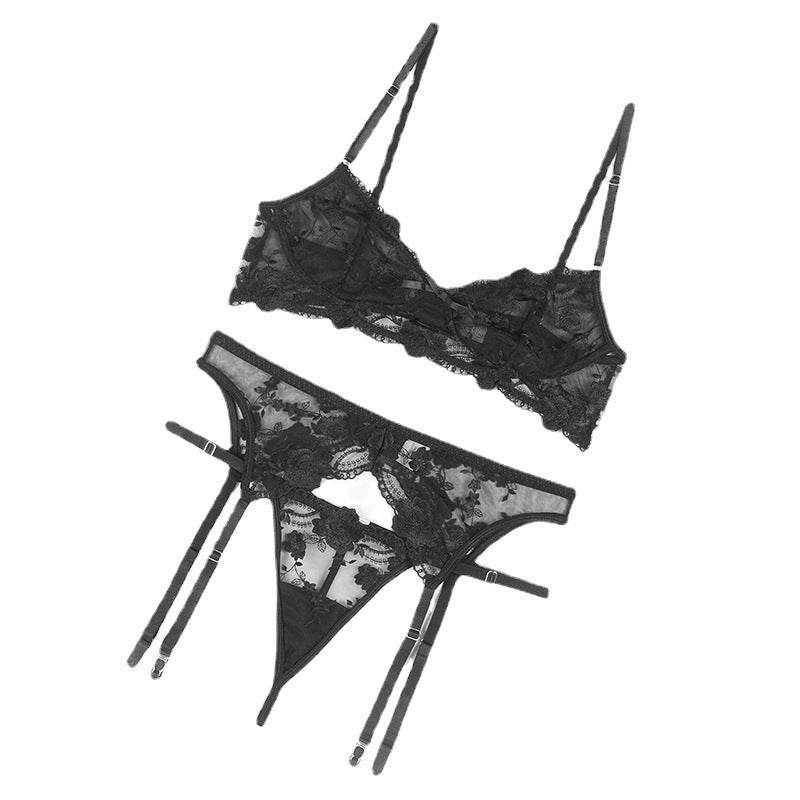 Three-Piece Lace Embroidered Bra, Panty And Garter Belt - Mubimart