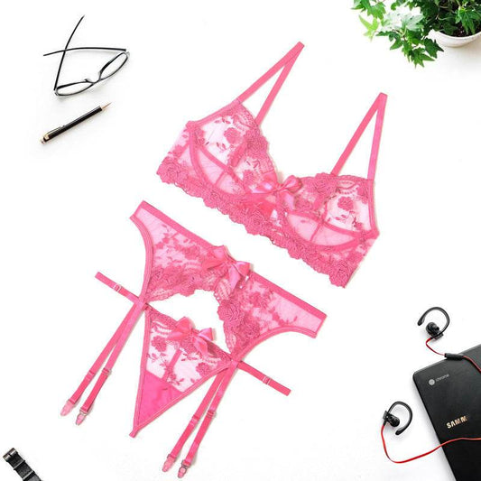 Three-Piece Lace Embroidered Bra, Panty And Garter Belt - Mubimart