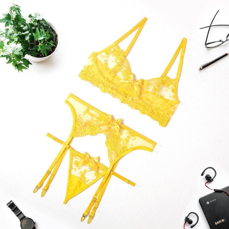 Three-Piece Lace Embroidered Bra, Panty And Garter Belt - Mubimart