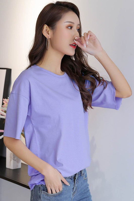 Pure Color Plus Size Short-sleeved T-shirt Women's Clothing - Mubimart