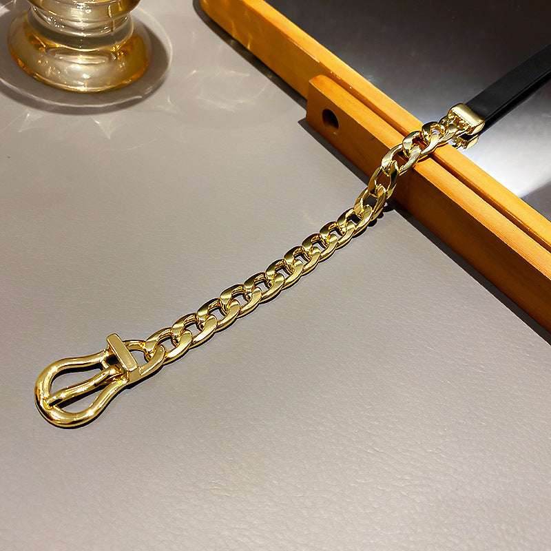 FYUAN Golden Chain Choker Necklaces for Women Short Black Leather Button Necklaces Statement Jewelry - Mubimart