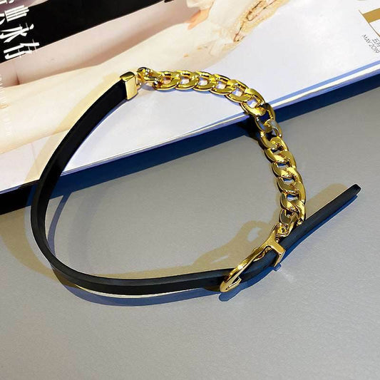 FYUAN Golden Chain Choker Necklaces for Women Short Black Leather Button Necklaces Statement Jewelry - Mubimart
