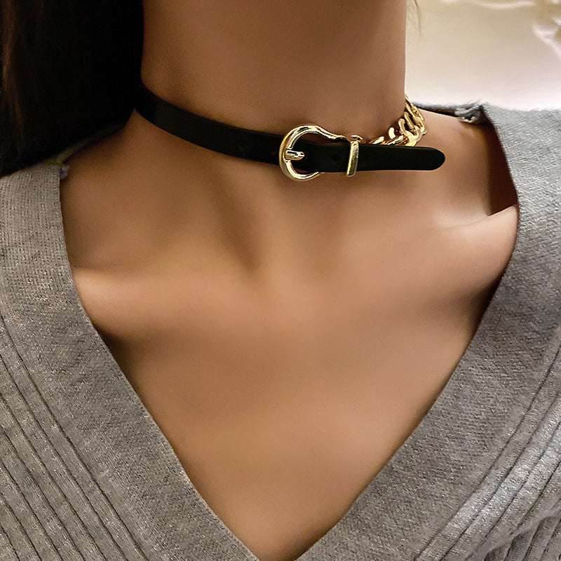 FYUAN Golden Chain Choker Necklaces for Women Short Black Leather Button Necklaces Statement Jewelry - Mubimart
