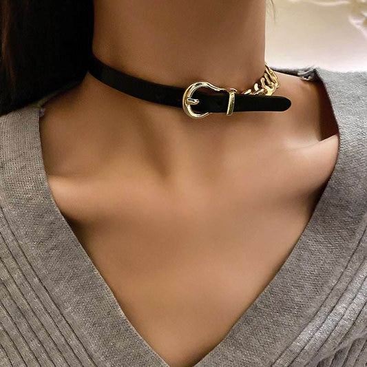 FYUAN Golden Chain Choker Necklaces for Women Short Black Leather Button Necklaces Statement Jewelry - Mubimart