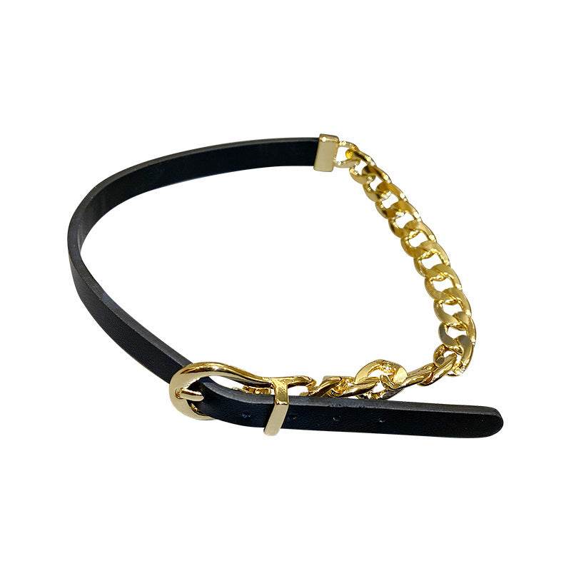 FYUAN Golden Chain Choker Necklaces for Women Short Black Leather Button Necklaces Statement Jewelry - Mubimart
