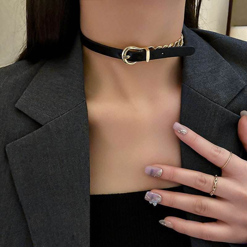 FYUAN Golden Chain Choker Necklaces for Women Short Black Leather Button Necklaces Statement Jewelry - Mubimart