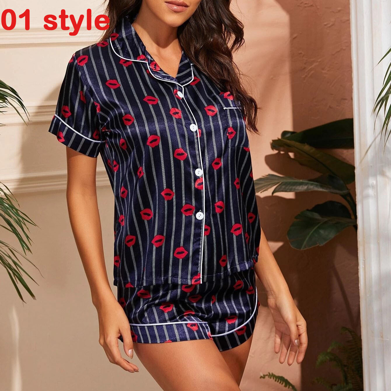 Summer Satin Women Pajams Print V-Neck Stretch Lingerie Female Sleepwear Casual Shorts Set Loungewear Women - Mubimart -  