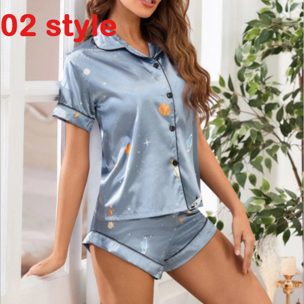 Summer Satin Women Pajams Print V-Neck Stretch Lingerie Female Sleepwear Casual Shorts Set Loungewear Women - Mubimart -  