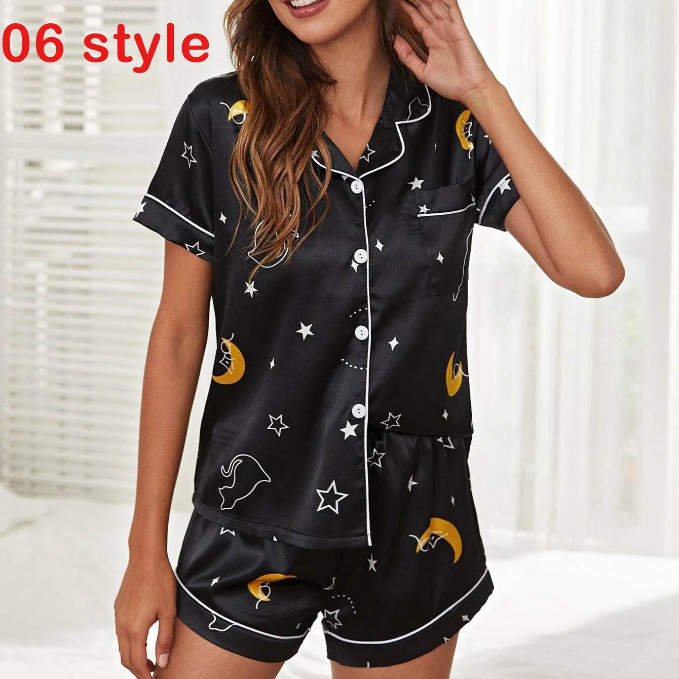 Summer Satin Women Pajams Print V-Neck Stretch Lingerie Female Sleepwear Casual Shorts Set Loungewear Women - Mubimart